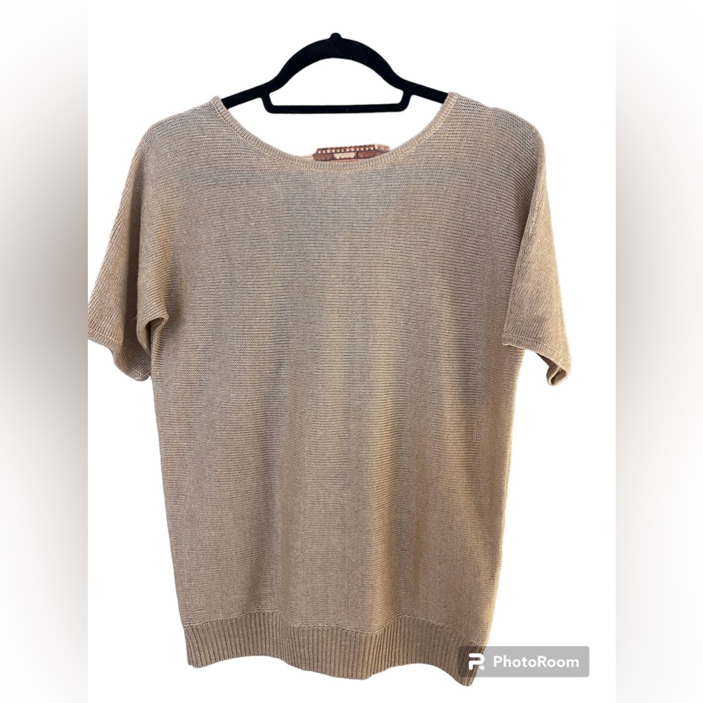 Talbots short sleeve sweater size petite in beige with gold glitter. V back.